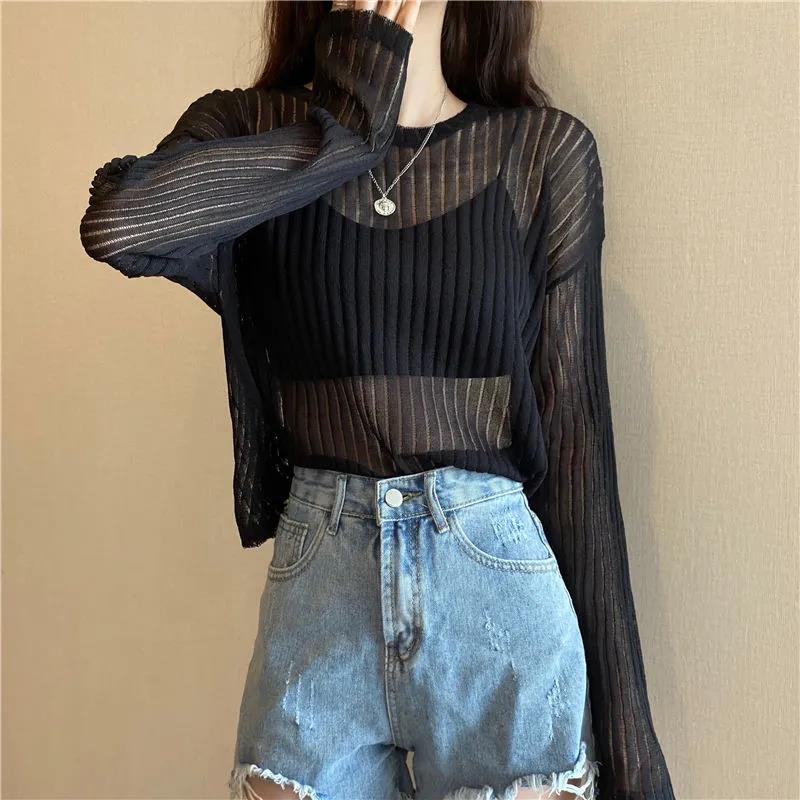 Loose and Thin Long-sleeved Hollow Knitted Sweater Women's All-match Sunscreen Shirt Top Sexy See-through Dress