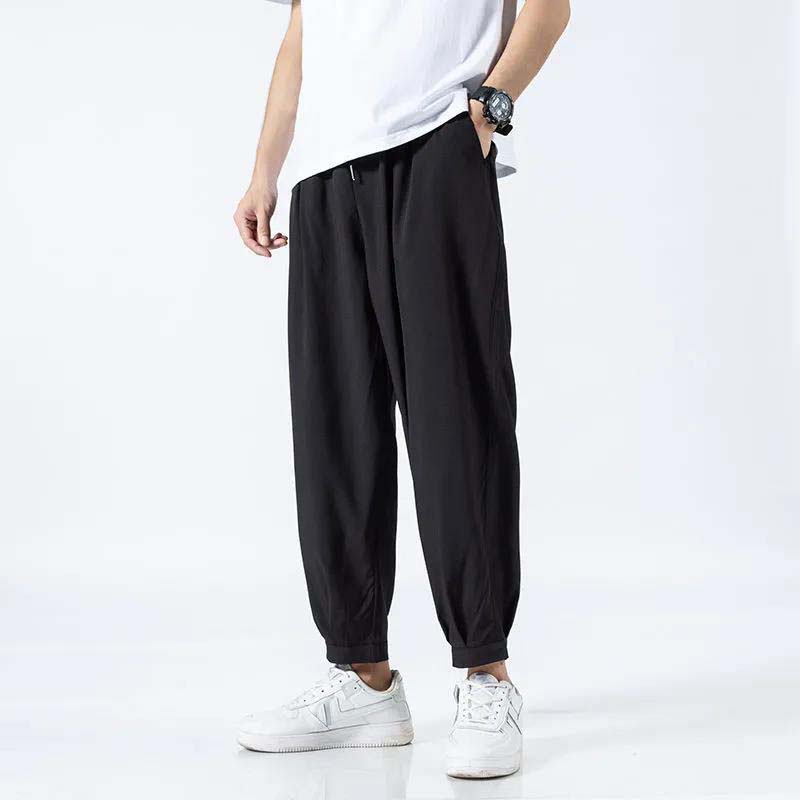 Ice Silk Pants Men's Loose Summer Thin Waisted Casual Pants Drape Stretch Men's Nine-point Small Suit Pants