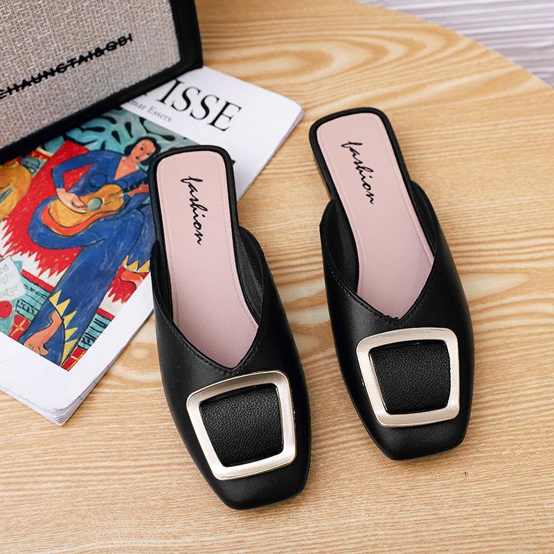 Slippers Sandals Women's Outer Wear Baotou Half Slippers Non-slip All-match Sandals and Slippers Square Head Thick Heel Sandals