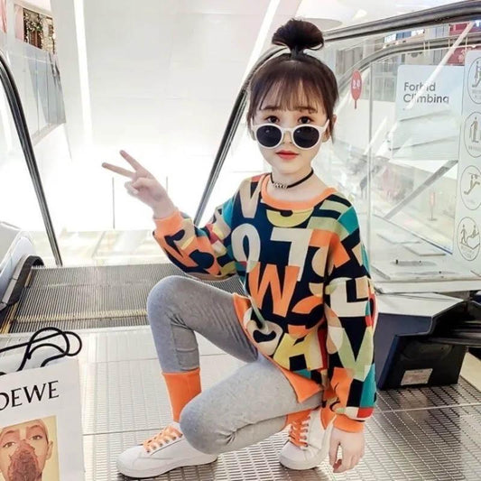 Girls Long-sleeved Spring and Autumn Two-piece Set Simple Fashion Letter Printing Pullover Sweater Slim Trousers Sports and Leisure Children Clothing