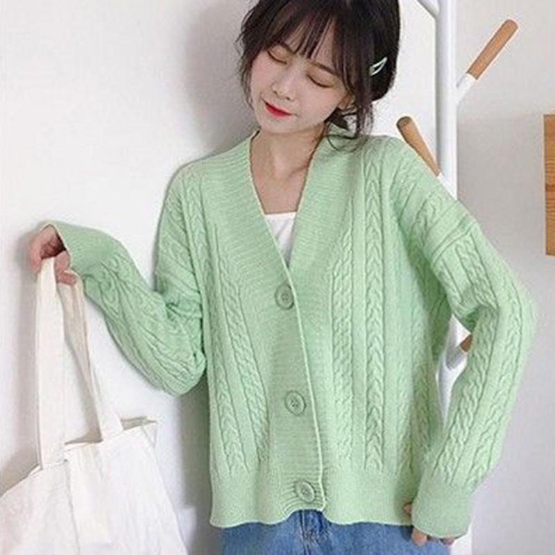 Spring and Autumn Knitted Loose Sweater All-match Long-sleeved Cardigan Sweater Fashion Solid Color Female Jacket