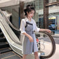 Women Shirt Dress Summer  Female Plus Size Slim Lace Plaid Stitching Midi Dress Elegant Dress with Sashes