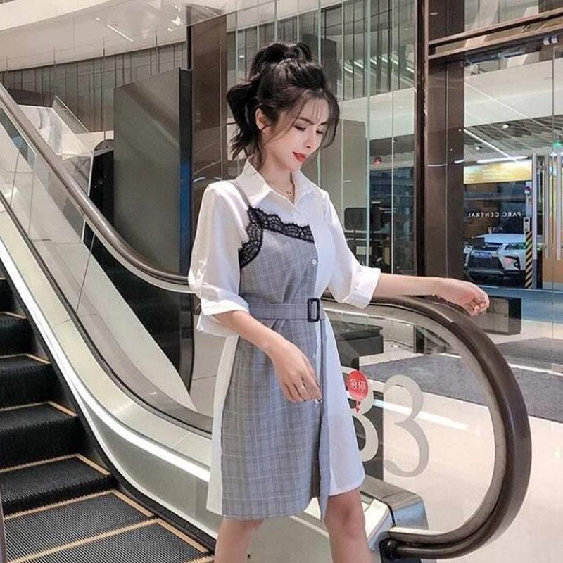 Women Shirt Dress Summer  Female Plus Size Slim Lace Plaid Stitching Midi Dress Elegant Dress with Sashes