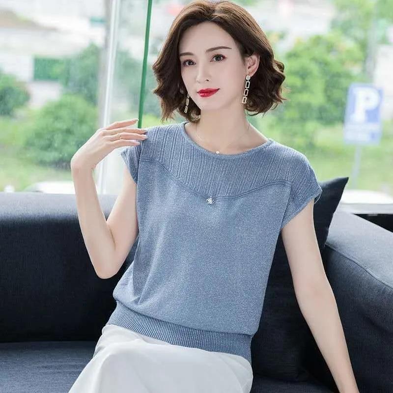Knitted Short-sleeved Black T-shirt Women's Summer Thin Middle-aged Large Size Loose