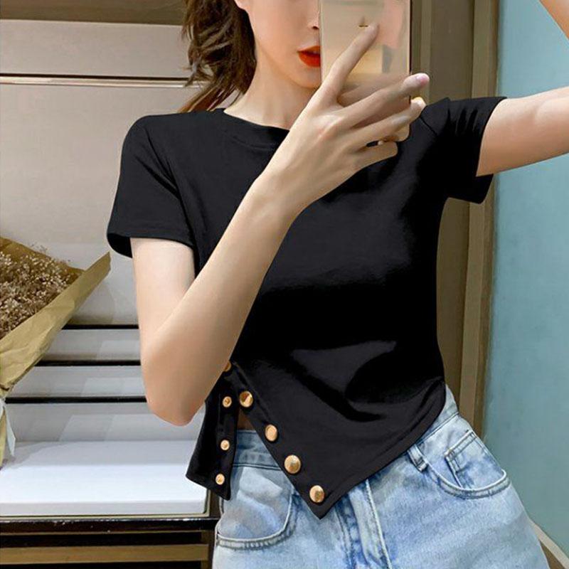 Summer Casual Slim Women's Fashion Solid Color Round Neck Half Sleeve Asymmetry Short T-shirt