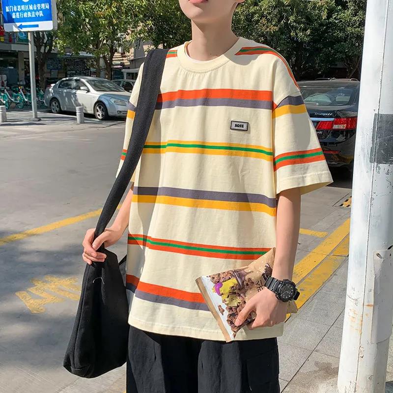 Striped T-shirt Men's Loose Large Size Summer Short-sleeved Shirt with Summer New Style Youth Short-sleeved