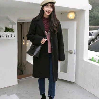 Woolen Coat Women Autumn and Winter Loose Mid-length Black Thick Woolen Coat