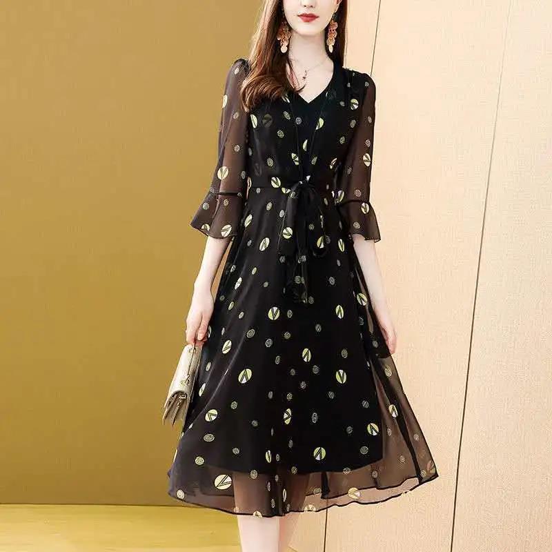 M-XXXXL Chiffon Floral Dress Summer V-neck 3/4 Sleeves Mid-calf Daily Wear Office Dating Party Lightweight and Breathable A-line Dress