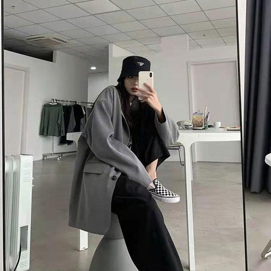 Women's Suit Jacket Spring and Autumn Korean Version Ins Student Loose Jacket Retro Slim Casual Black Blazer Personalized Coat