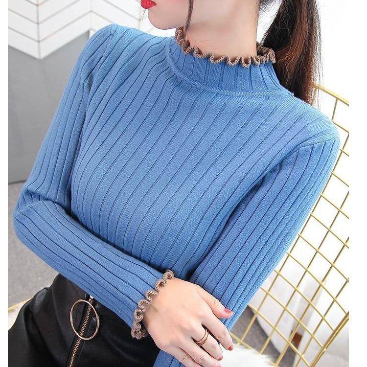Spring and Autumn Half Turtleneck Sweater Korean Student Lace Round Neck Undershirt Loose Slim Knit