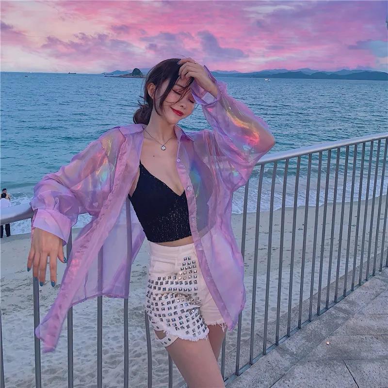 Shining Blouses Shirts Women's Sun Protection Plus Size Loose Outer Thin Beach Coat Shirts with A Strap on The Back