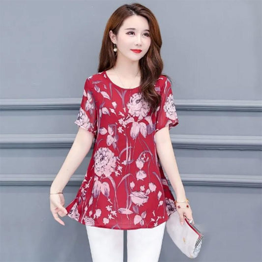 Fashion Loose Plus Size Women's Thin Section Summer Fat Mother Medium and Long Printing Short-sleeved T-shirt Women