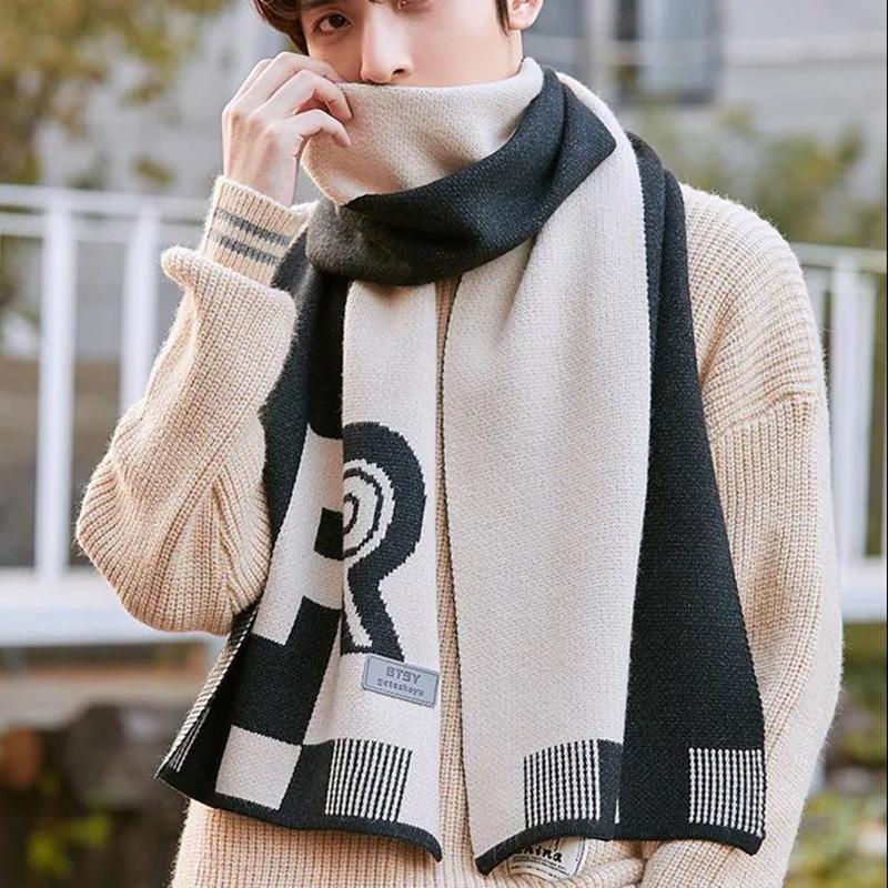Men's Knitted Scarf Winter High-end Fashion Plaid Scarf Winter Thick Warmth Long Couple Scarf
