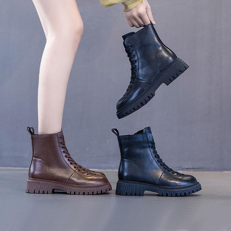 Retro Brown Martin Boots Women Autumn and Winter British Style Leather All-match Thick-soled Short Boots Women Plus Velvet Waterproof Boots