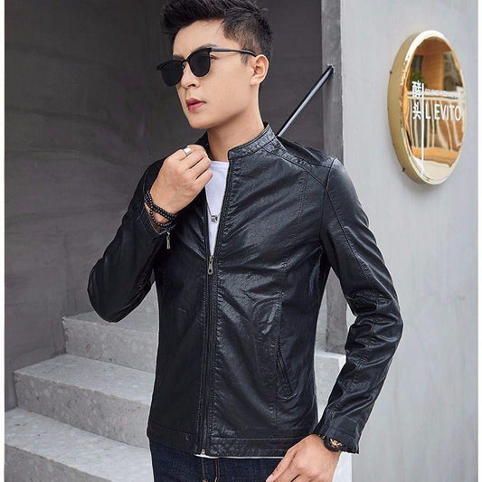 Fashionable Slim-fit Men's Leather Jacket with Stand-up Collar Pu Leather Handsome Motorcycle Leather Jacket