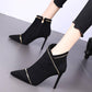 Autumn Winter Women's Boots Stiletto High-heeled Pointed Boots Zipper Rhinestones Martin Boots 9CM