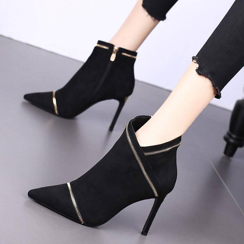 Autumn Winter Women's Boots Stiletto High-heeled Pointed Boots Zipper Rhinestones Martin Boots 9CM