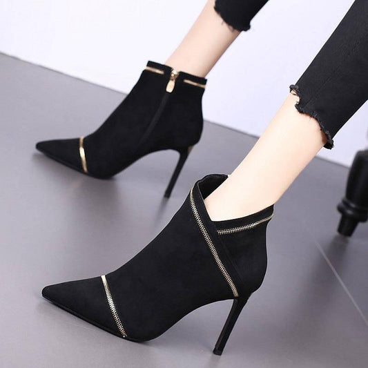 Autumn Winter Women's Boots Stiletto High-heeled Pointed Boots Zipper Rhinestones Martin Boots 9CM