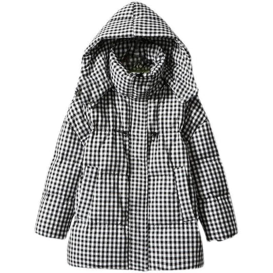 Black and White Plaid Down Jacket Women Mid-length Korean Thick Hooded White Duck Down Jacket Women