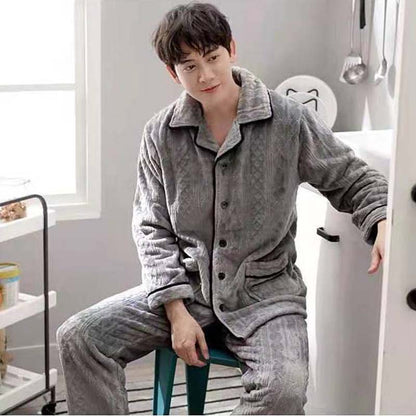 Coral Fleece Pajamas Men's Autumn and Winter Thickening Plus Fleece Young and Middle-aged Long-sleeved Cardigan Home Service Suit