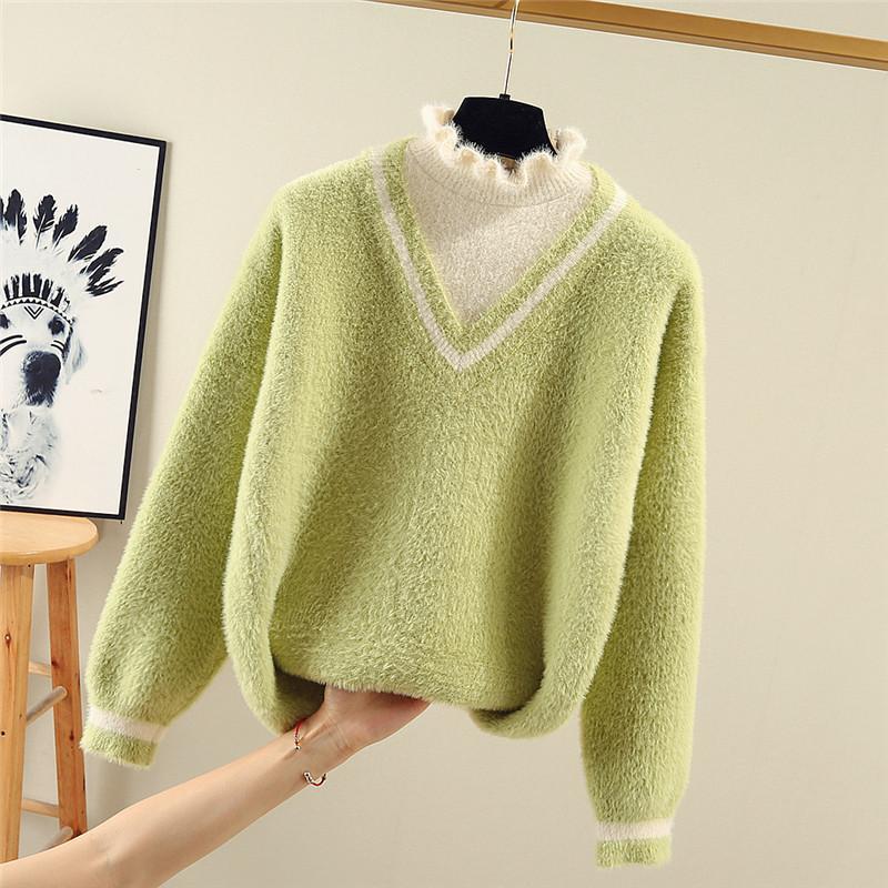 Winter Sweater for Women Sweet Casual Loose Pullover Sweater Imitation Mink Sweater Long Sleeve Fuzzy Sweater