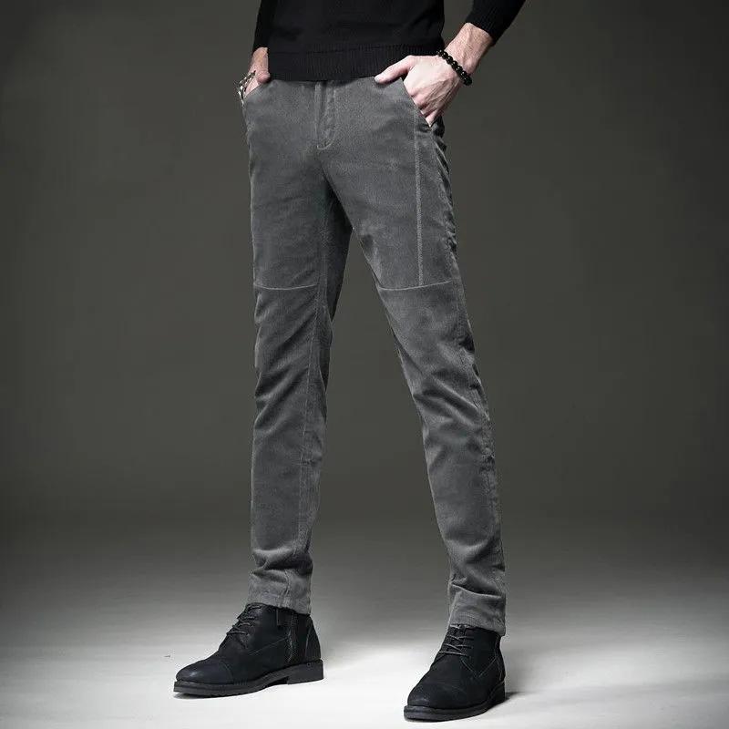 Men's Autumn and Winter Corduroy Casual Pants Slim-fit Pants with Small Feet Male Straight-leg Korean Style Trousers Business Streetwear Elastic Waist