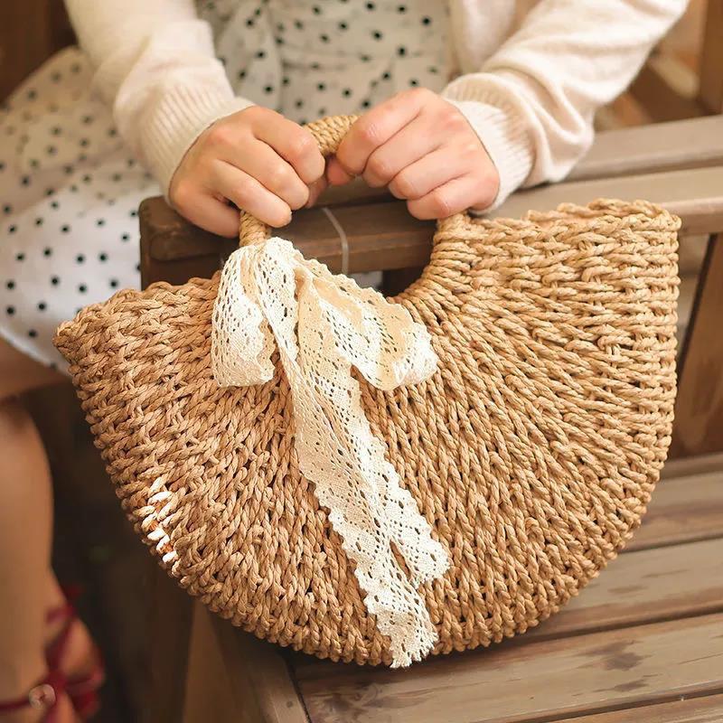 Lace Bow Basket Bags Women Casual Hollow Woven Shoulder Bag Knitted Handbags Large Capacity Vintage
