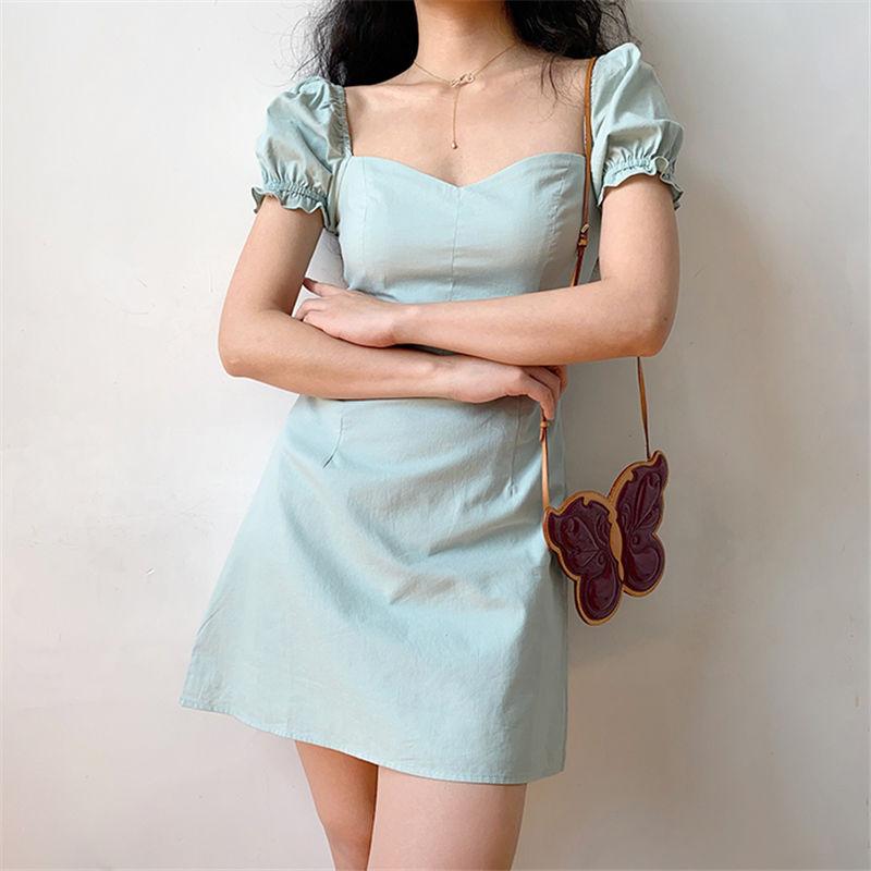 Female French Style Square Neck Vintage Waist Slim Elegant Bubble Sleeve Short Party Dress