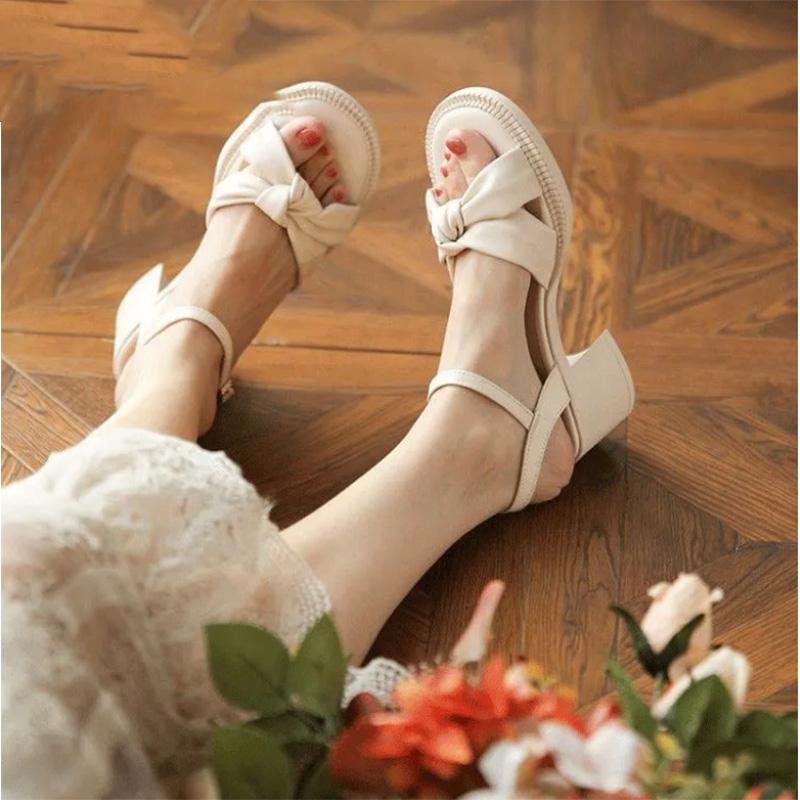Solid Color Braided Sandals Women's All-match Fashion Thick Heel Soft Leather One-word Buckle Strap Fairy Style Women's Shoes with Skirts