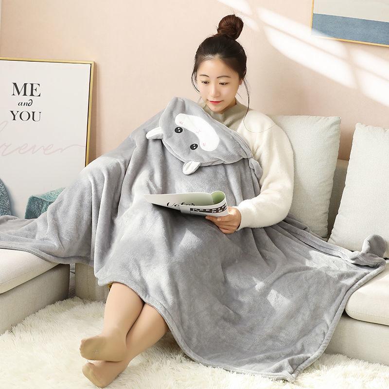 Cute Cartoon Lazy Nap Blanket Shawl Cloak Cloak Office Air Conditioning Blanket Coral Fleece Cover Leg Blanket Skin-friendly Soft and Warm