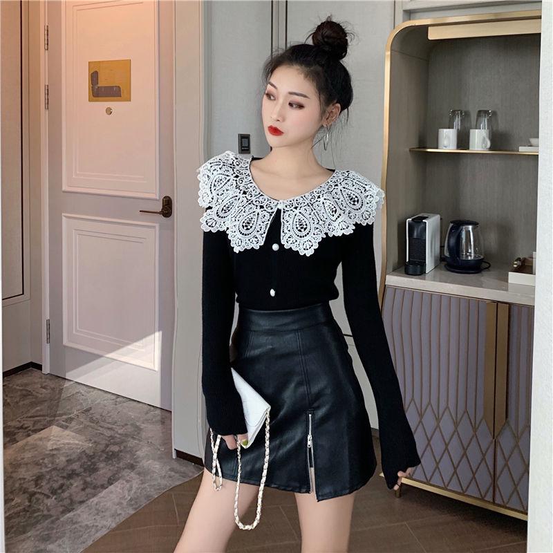 Pofulove Girly Lace V Neck Bottoming Knitwear Skin-friendly High Elastic Fit Women Pullover Sweater