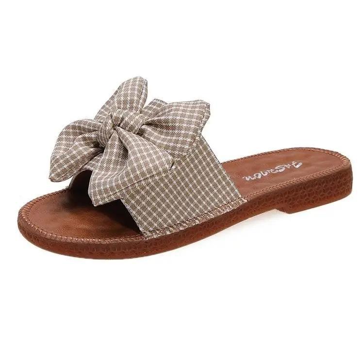 Women's Summer Outer Wear Slippers Beach Flat Bottom Beef Tendon Soft Bottom Pregnant Women Sandals Bow Flip-flops Bathroom Slippers