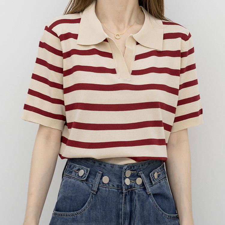 Striped Knitted Sweater Polo Collar Short Style All-match Short-sleeved T-shirt Women Xia Bingsi High-end Lapel Top Women