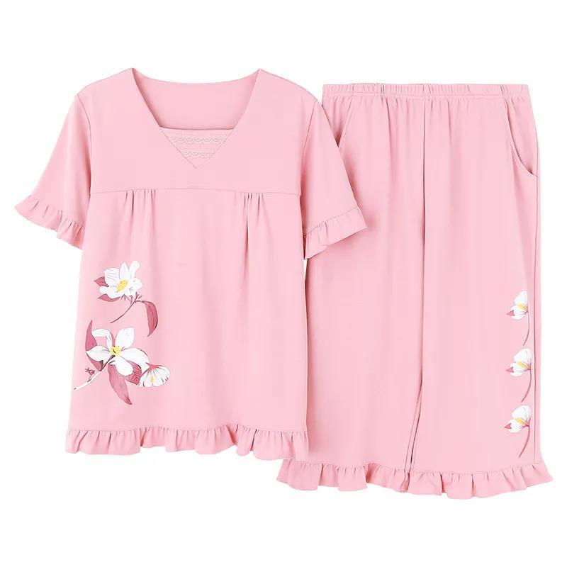 Summer Short-sleeved Middle-aged Women's Pajamas Cropped Pants Suit Oversized Loose Cotton Loungewear