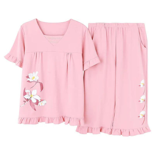 Summer Short-sleeved Middle-aged Women's Pajamas Cropped Pants Suit Oversized Loose Cotton Loungewear
