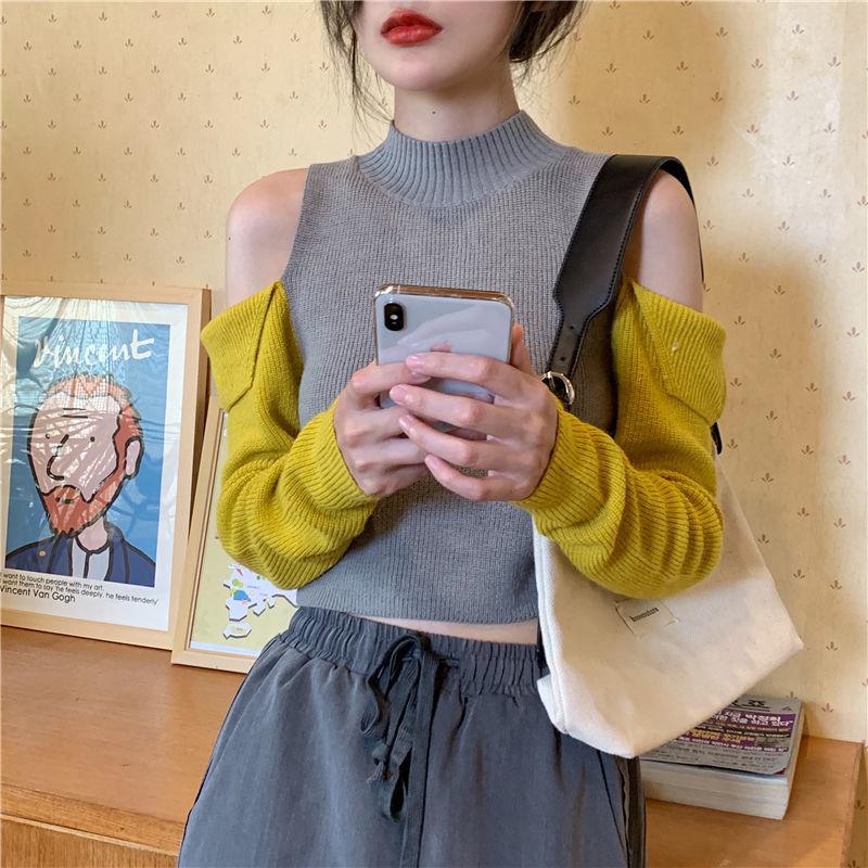 Contrasting Color Off-shoulder Short Knit Sweater Long-sleeved Top Slim Cropped Bottoming Shirt Spring and Autumn Fashion Top