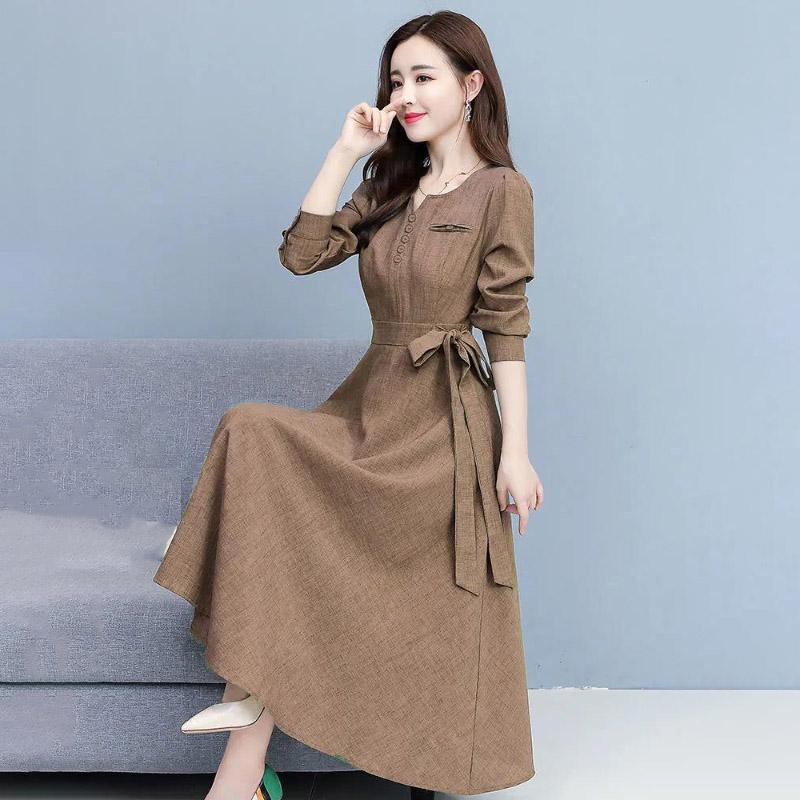 Long Sleeve Fashion Dress Female Spring Summer Korean Style Noble Temperament Slim Slimming Cotton and Linen Midi Skirt