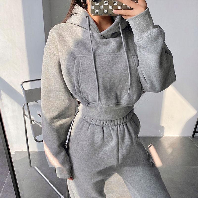 Street Hooded Short Pocket Fleece Sports Sweater High Waist Loose Leggings Sweater Suit Two-piece Women's