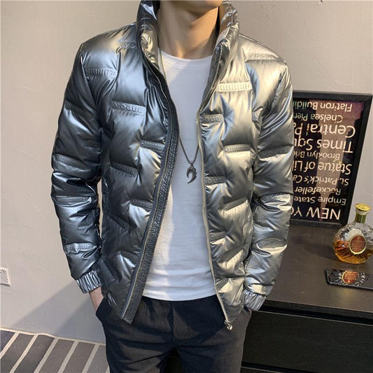 Korean Style Stand-up Collar Bright Embossed Men's Down Jacket Trendy Slim Short Down Jacket Winter Light Jacket