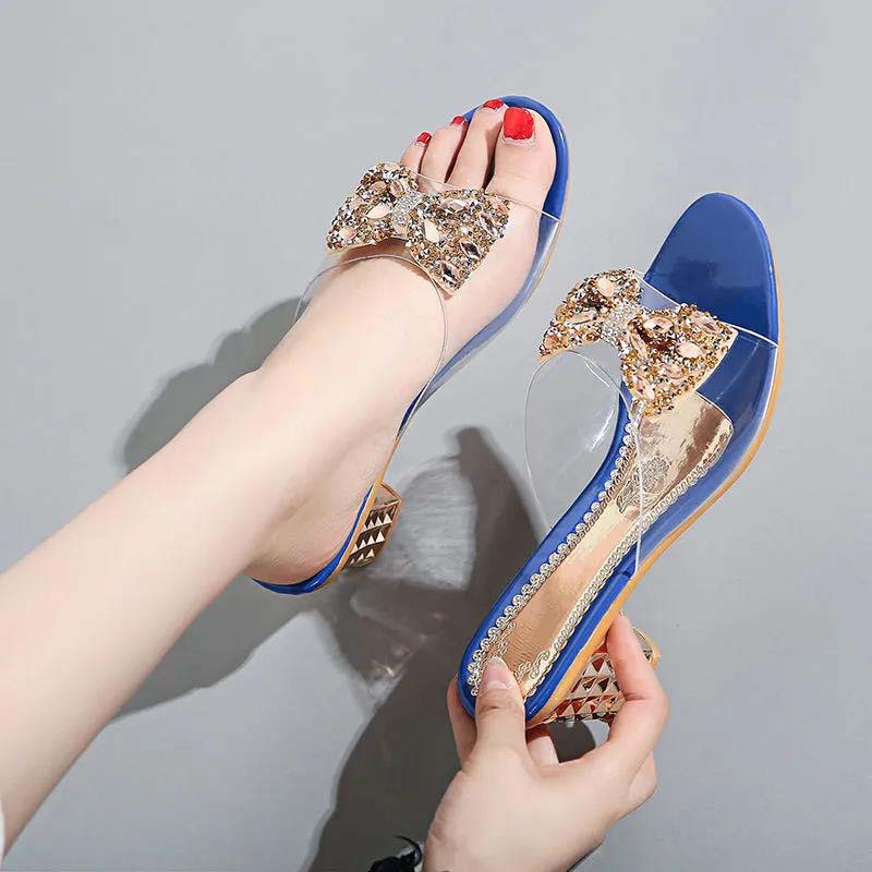 Sandals and Slippers for Women's Outer Wear Fashion Crystal Thick Heel Comfortable Sequins Rhinestone Bow Female Summer Sandals and Slippers