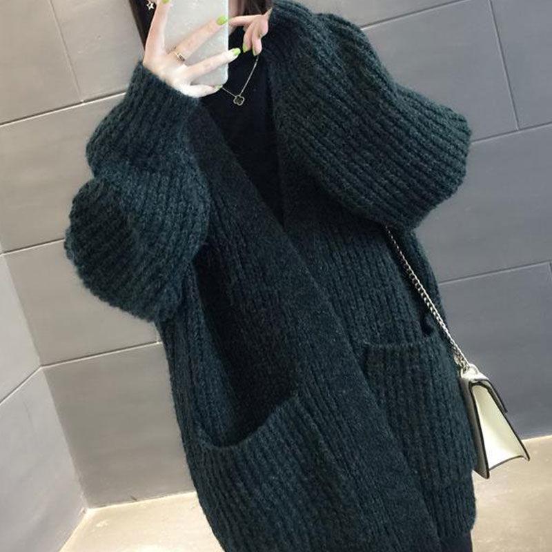 Plus Size Mid-length Loose Knitted Cardigan Sweater Coat Women Fashion Large Pocket Sweater