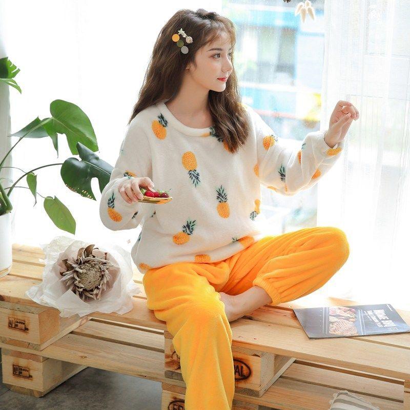 Winter Female Coral Fleece Cute Indoor Pajamas Korean Student Long-sleeved Thick Flannel Plus Size Home Service Suit