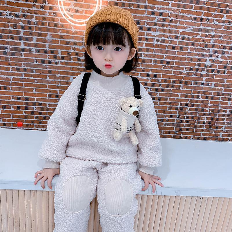Children's Autumn and Winter Warm Suit Girl and Boy Korean Version Girl Baby Plush Two-piece Sets