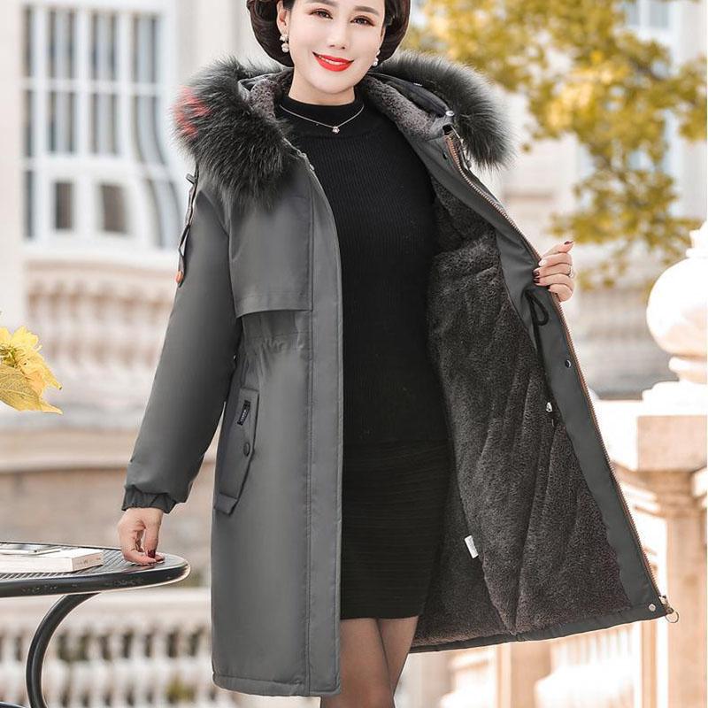 Winter Mid-length Casual Cotton-padded Jacket Plus Velvet Thick Simple Jacket Middle-aged Ladies Loose Coat