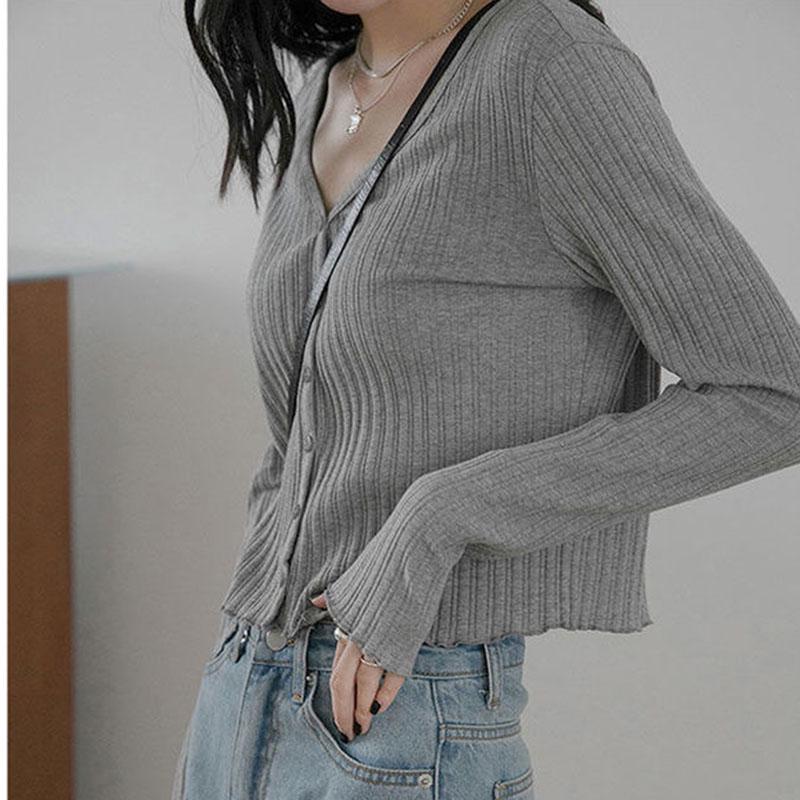 Autumn Korean Cardigan Top V-neck Knit Jacket Short Long Sleeve Striped Young Women Sweater
