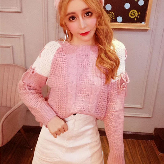 College Style Color Matching All-match Sweater Casual Cute Bottoming Shirt Knitted Loose Blouse