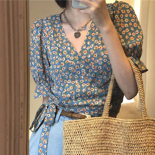 Puff Sleeve Floral Short-sleeved Chiffon Shirt Women's Summer Korean Design High-waist Short Top