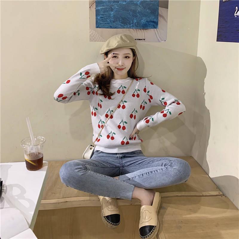 Cute Cherry Print Slim Was Thin Round Neck Sweater Girl Wild Pullover Long Sleeved Sweater