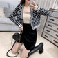 Short High Waist Black and White Plaid Sweater Women Spring and Autumn V-neck Long-sleeved Cardigan Small All-match Casual Jacket