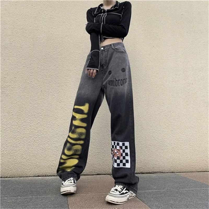 Trend Wild Graded Jeans Female INS High Waist Slim Casual Loose Straight Wide Leg Pants Trousers